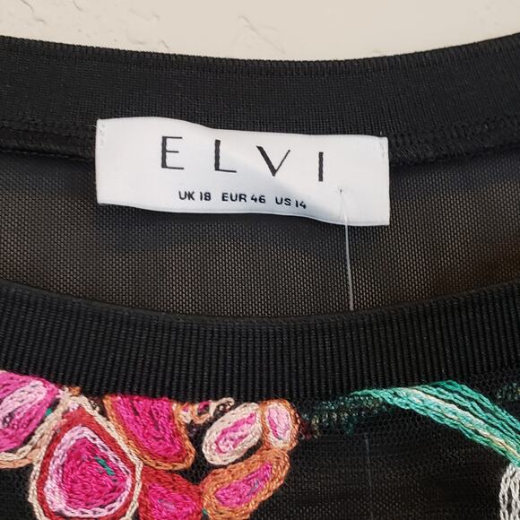 Elvi Black & Pink Flower Embroidered Long Bell Sleeve Mesh Sheer Blouse Plus 14 - Picture 5 of 8